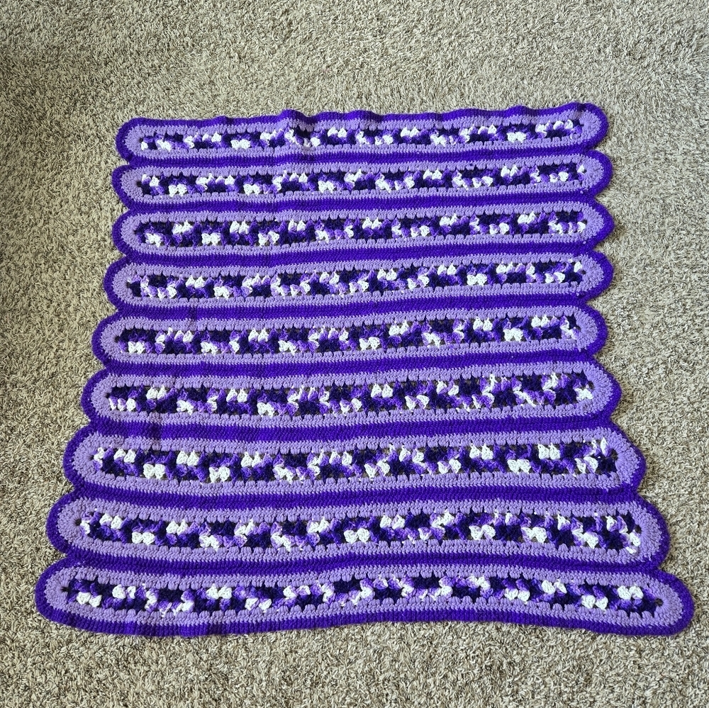 Vintage Handmade Crocheted Baby Blanket Purples-White Unisex 45 X 42 Crib Carry - Picture 2 of 9